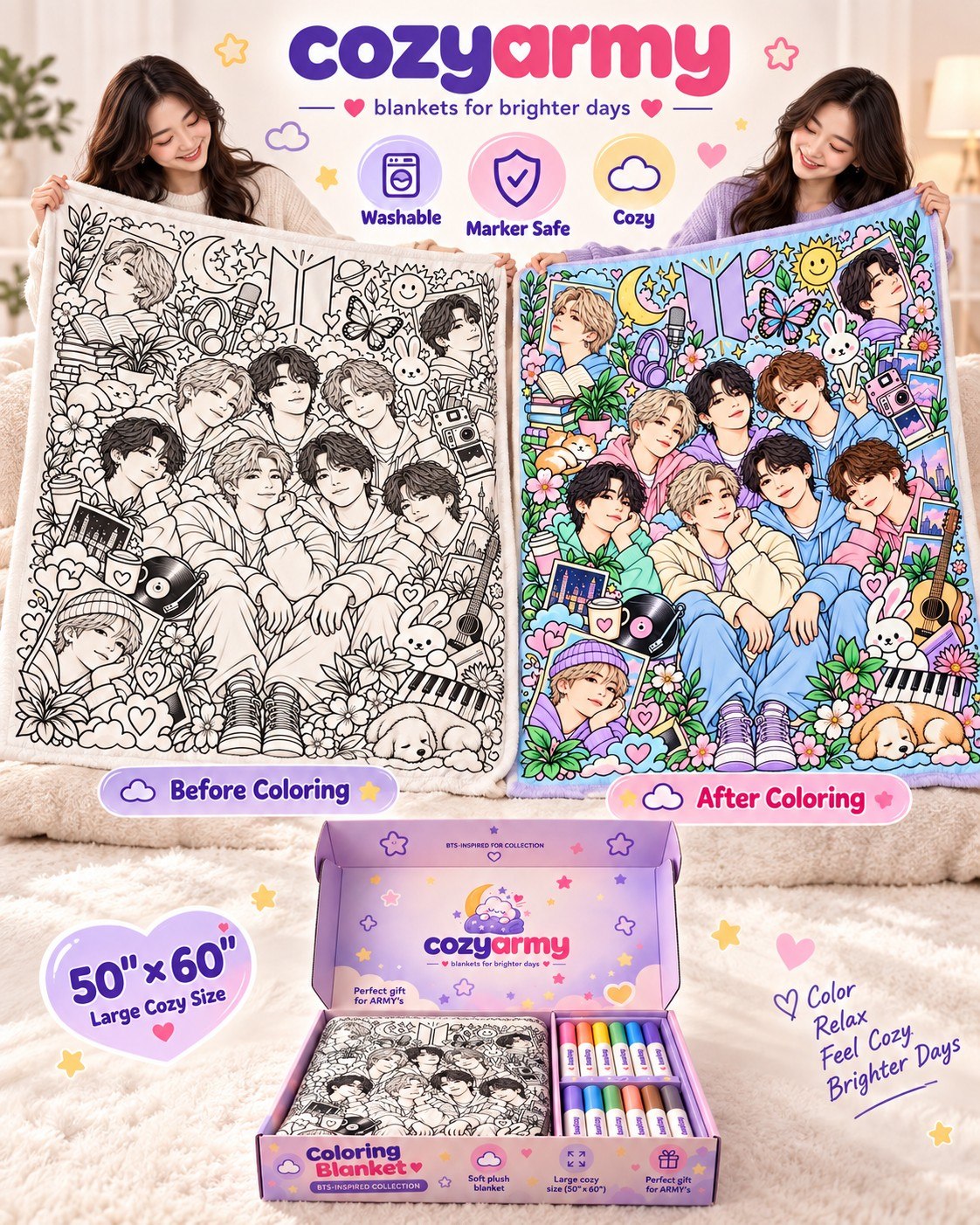 Before and after coloring the cozyarmy line-art blanket with the included fabric markers