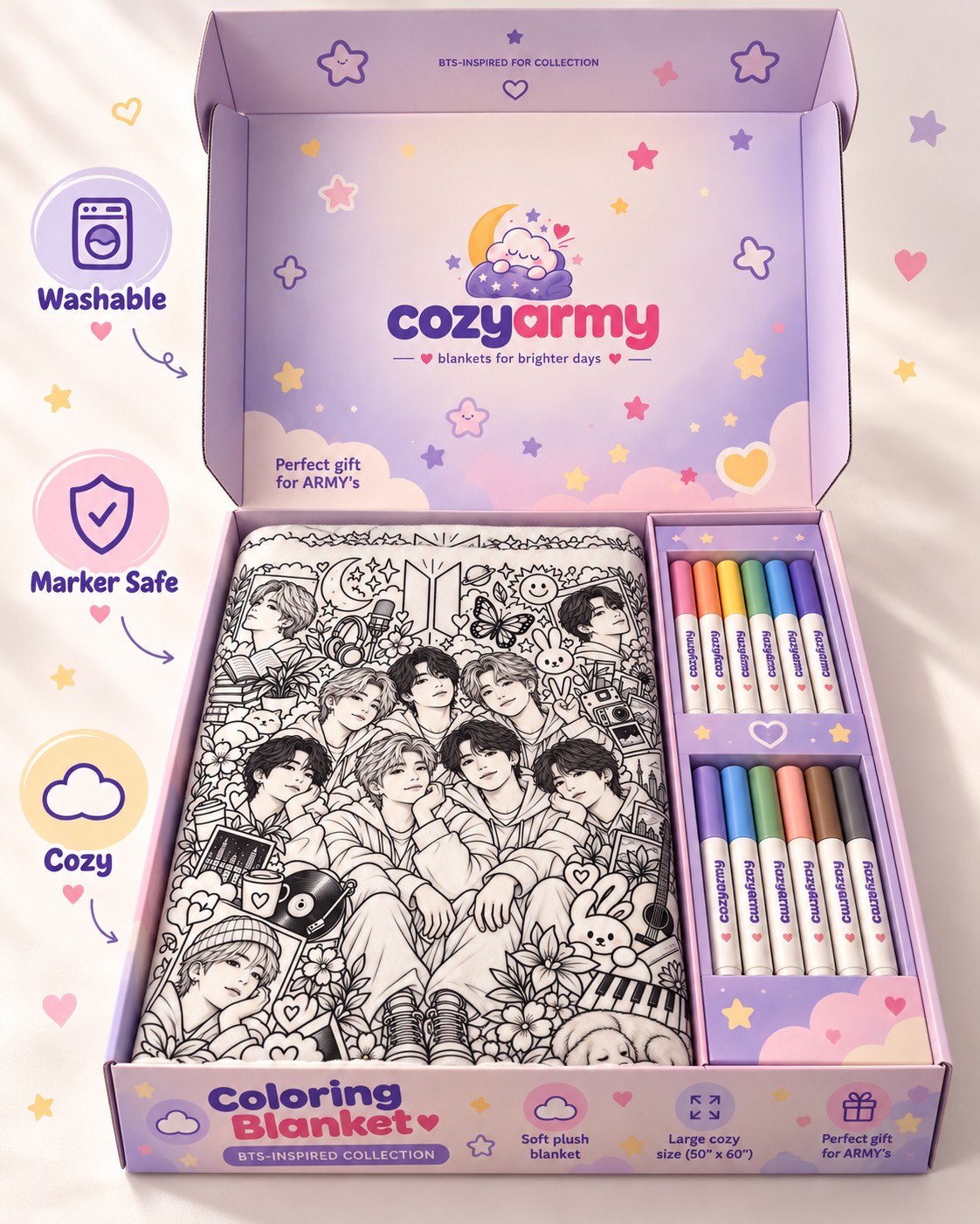 Open box showing the folded line-art blanket and the included fabric markers